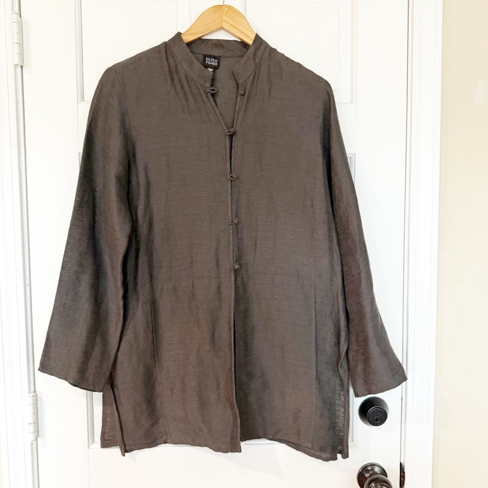 ✨ EILEEN FISHER Linen Mandarin Collar Frog Closure Tunic Top | Size S